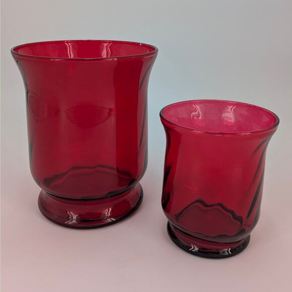 Ruby Red Hurricane Glass Vase Candle Holder Set Flare Top Holiday Decor Pair - Picture 2 of 9